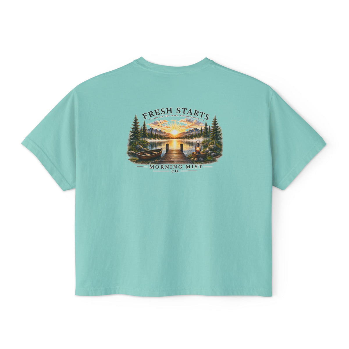 Fresh Starts Morning Mist Women's Boxy Tee — Sunrise Lake Graphic Tee