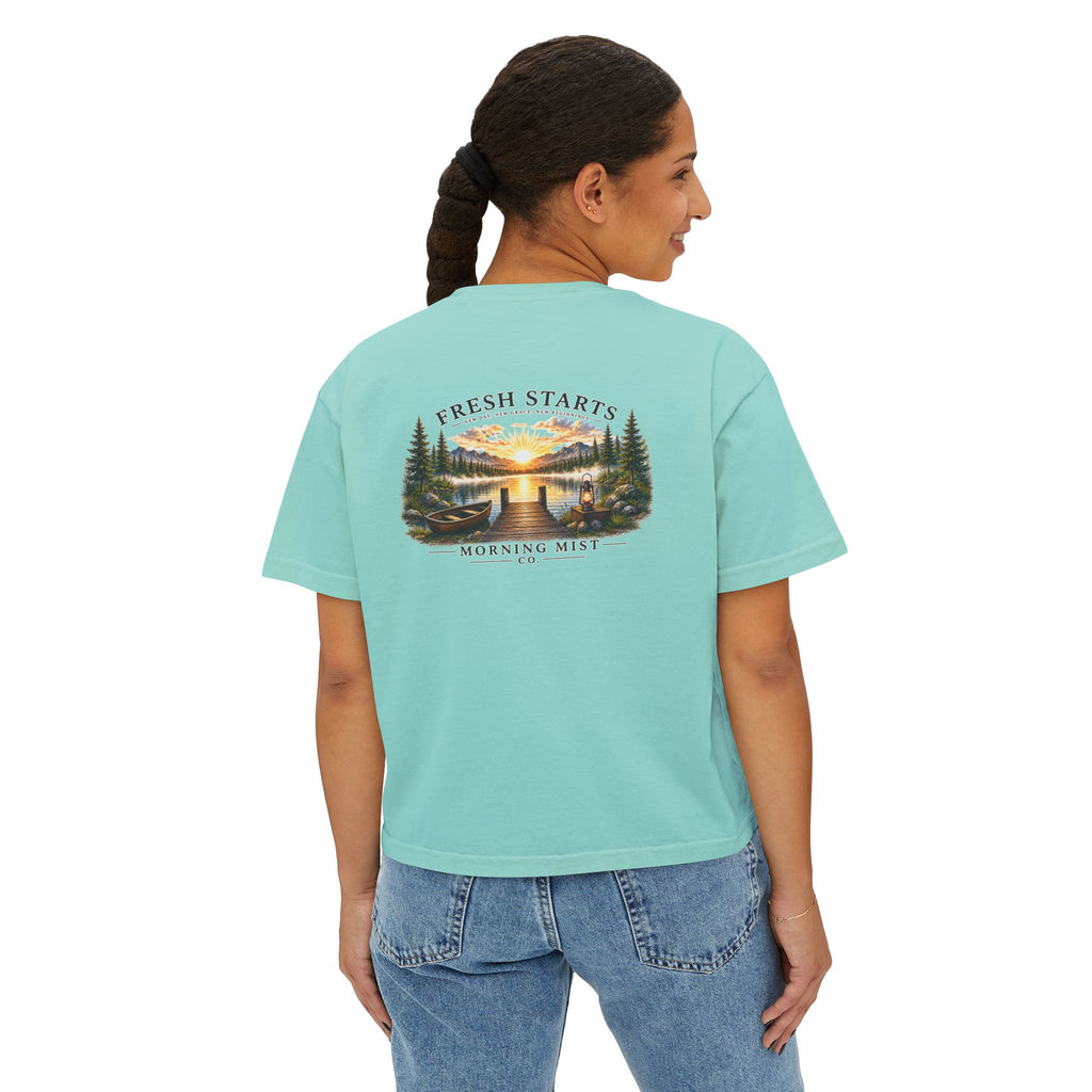 Fresh Starts Morning Mist Women's Boxy Tee — Sunrise Lake Graphic Tee