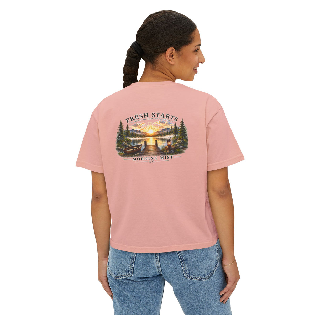 Fresh Starts Morning Mist Women's Boxy Tee — Sunrise Lake Graphic Tee