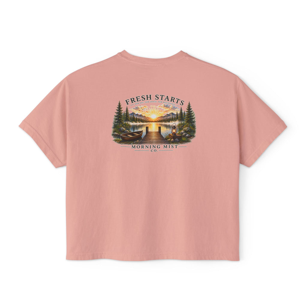 Fresh Starts Morning Mist Women's Boxy Tee — Sunrise Lake Graphic Tee