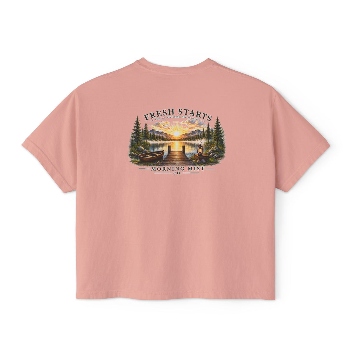 Fresh Starts Morning Mist Women's Boxy Tee — Sunrise Lake Graphic Tee