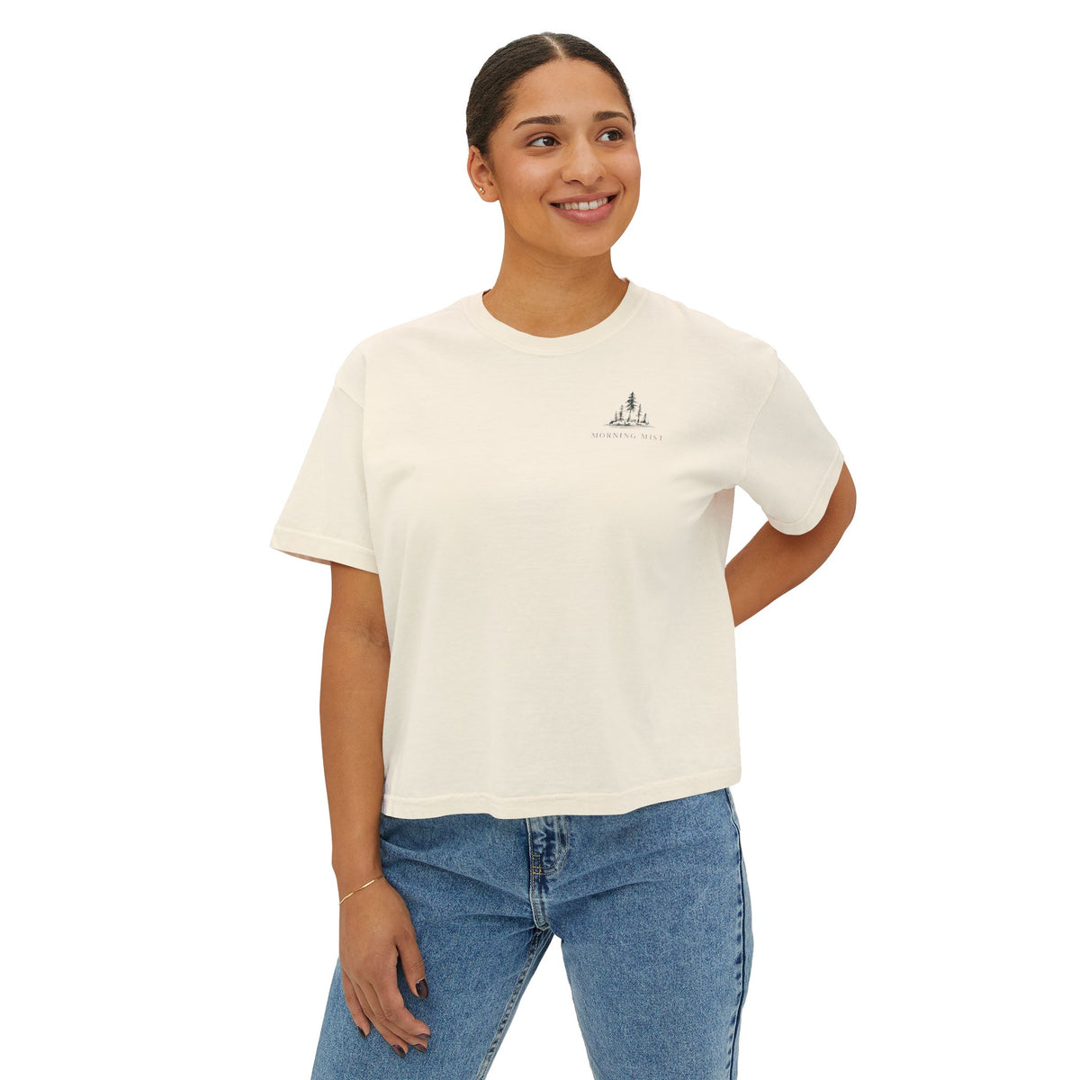 Fresh Starts Morning Mist Women's Boxy Tee — Sunrise Lake Graphic Tee