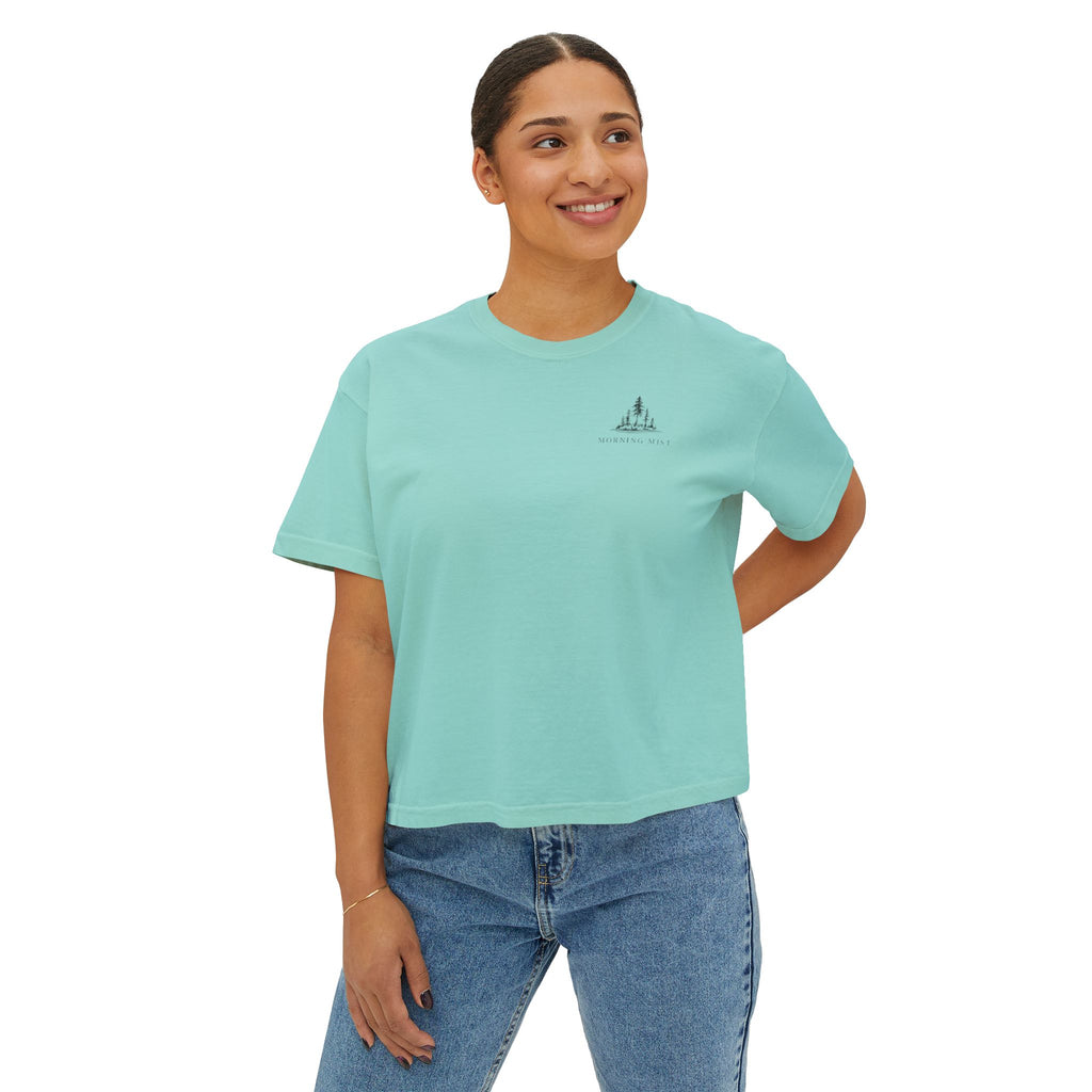 Fresh Starts Morning Mist Women's Boxy Tee — Sunrise Lake Graphic Tee