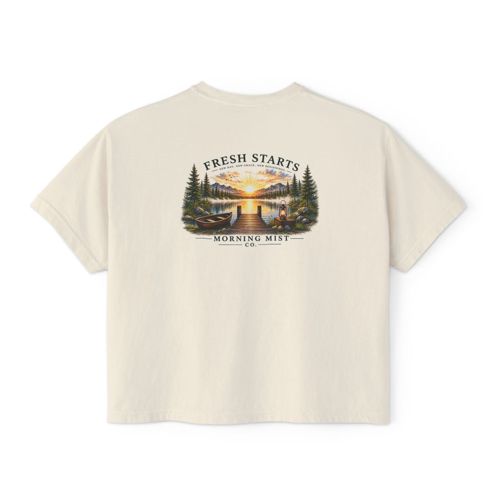 Fresh Starts Morning Mist Women's Boxy Tee — Sunrise Lake Graphic Tee
