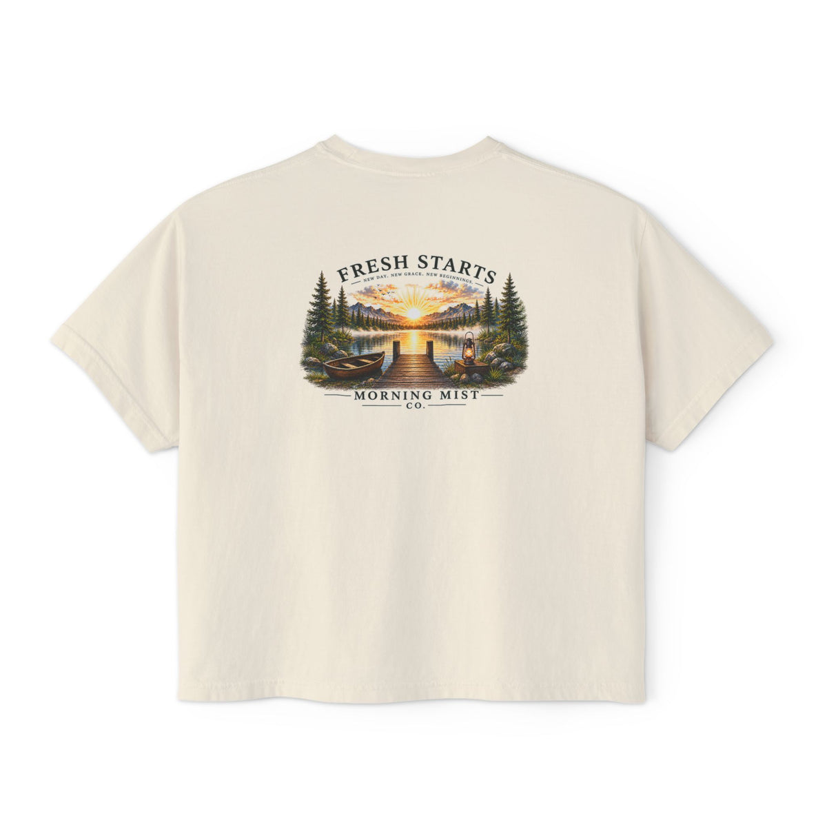 Fresh Starts Morning Mist Women's Boxy Tee — Sunrise Lake Graphic Tee