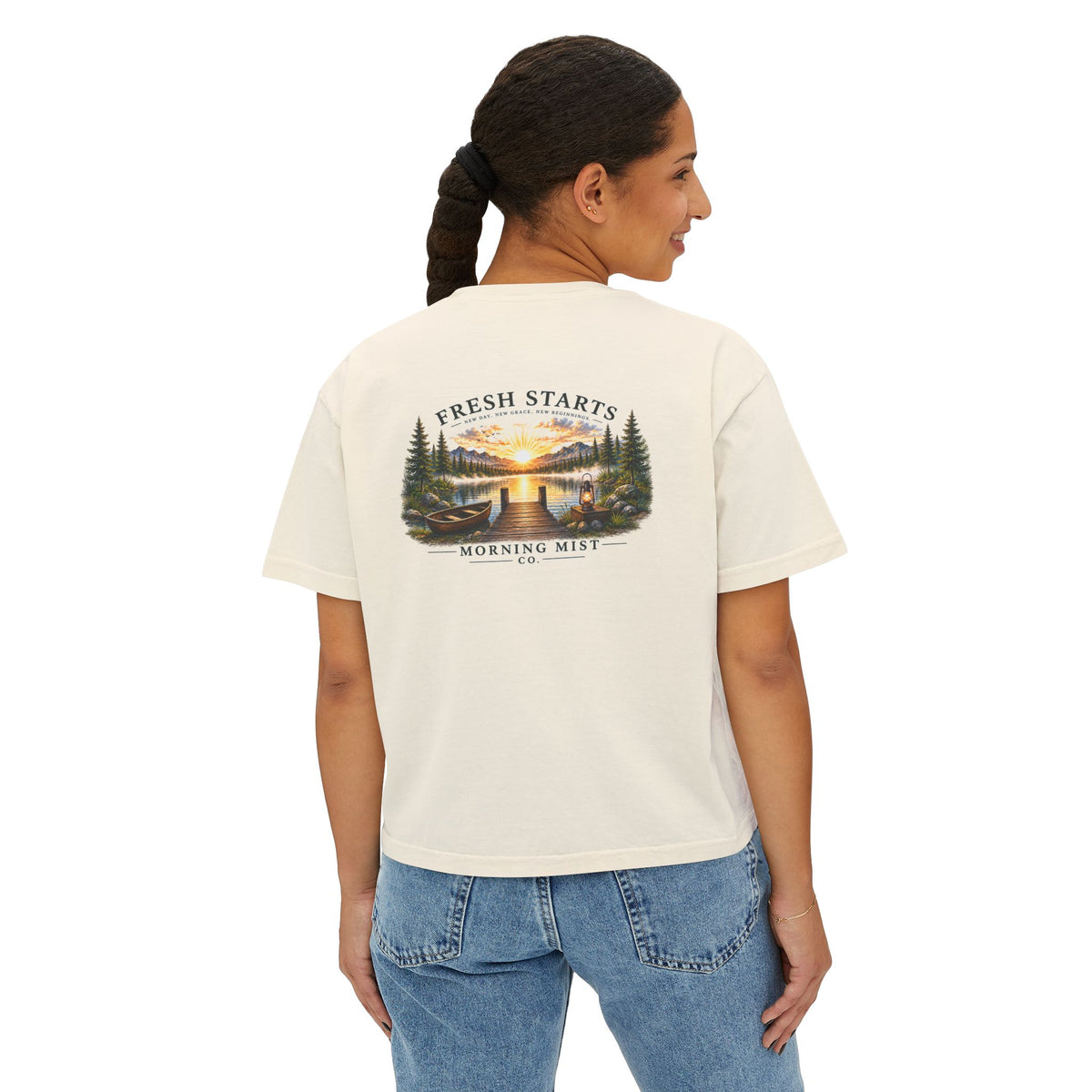 Fresh Starts Morning Mist Women's Boxy Tee — Sunrise Lake Graphic Tee